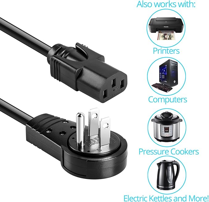 Maximm Monitor Computer Power Cord 3 Ft Flat Plug 360° Rotating PC Cable 3 Prong for, Desktop, Printer, Scanner, 16 AWG NEMA 5-15P to IEC13 - UL Certified
