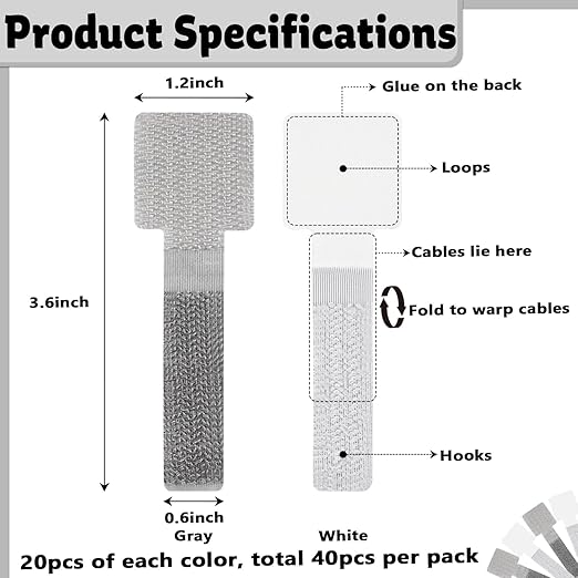 40 PCS Hook and Loop Cable Ties, Self-Adhesive Hook and Loop Cable Straps, Sticky-Back Wire Organizer for Under Desk Cable Management, Adjustable Cable Straps Clips for Home Office(White, Gray)