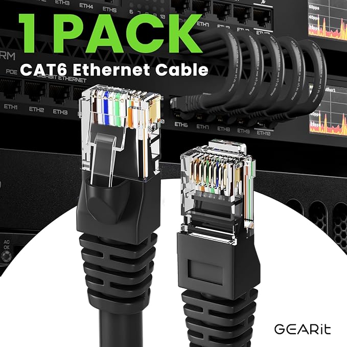 GEARit Cat 6 Ethernet Cable (1-Pack 35 Feet) Cat6 Network Patch, 10Gbps, RJ45, Snagless Cord, Gold-Plated Connectors, Internet for PC, TV, Tablet, Router, Printer, Servers, IT Data Center - Black