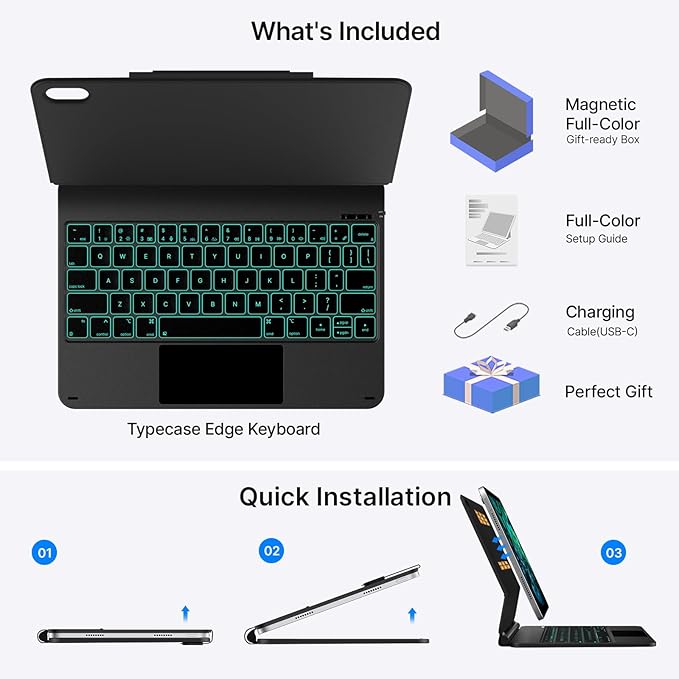 typecase Edge+ iPad 11th 10th Gen Case with Keyboard (11" 2025 A16 & 10.9" 2022) – Magic Keyboard-Style with RGB Backlit & Trackpad, Slim Protective Case, Magnetic Stand, Multi-Mode – Dark Gray