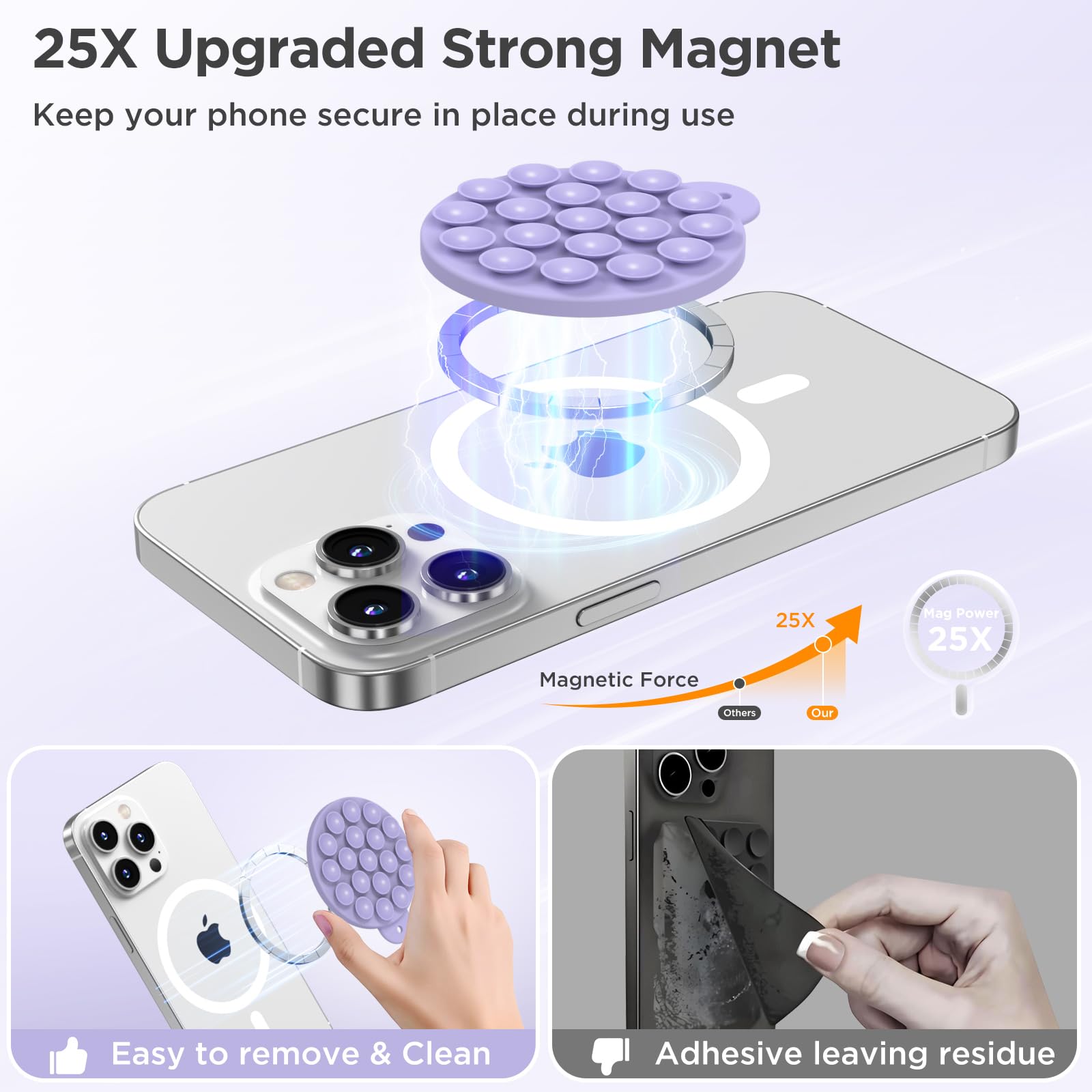 HSAOHD Magnetic Suction Cup Phone Mount with MagSafe, Silicone Hands-Free Grip Holder for iPhone Case and Android, Mirror Shower Phone Stand for Makeup FaceTime Gym Kitchen Bathroom, Lilac Purple