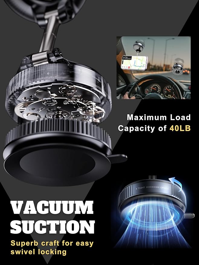 Car Phone Holder for Magsafe, 360° Adjustable Vacuum Magnetic Phone Mount with 3000gf Magnetic Grip & 40LBS Suction Cup, Shockproof Design for All Smartphones