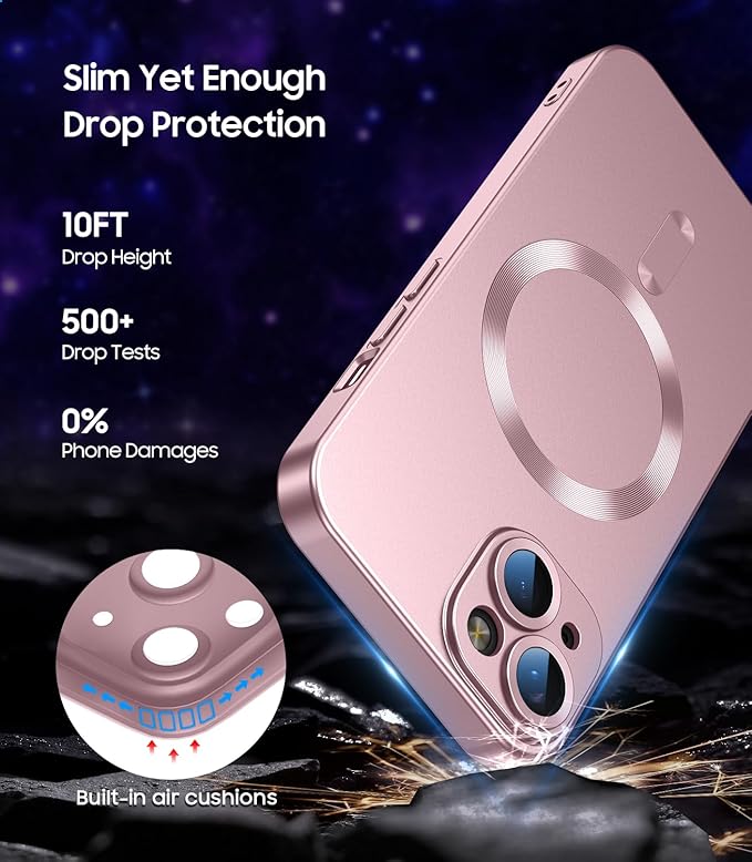 Magnetic for iPhone 14 Plus Case [Compatible with MagSafe][Built-in Camera Lens Protector] Slim Soft Silicone Bumper Shockproof Metallic Luster Phone Case (Rose Gold)
