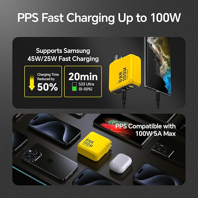 AOHI Youth 100W Gan+ USB C Wall Charger, 3-Port Laptop Fast Charger Type C Power Adapter PPS PD for MacBook Pro/Air, iPad Pro, iPhone 16/15 Pro Max, Galaxy S24 Ultra/Note, Pixel, Steam Deck, Yellow