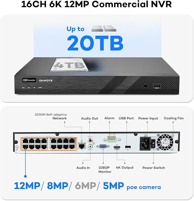 ONWOTE 16 Channel NVR PoE Security Camera System, 12MP 4K 16CH Commercial NVR 4TB, 16x 6MP Wired Outdoor 122° IP Cameras with Audio, AI Detection, 16x Cables (Total 1280ft), CCTV for Business Home
