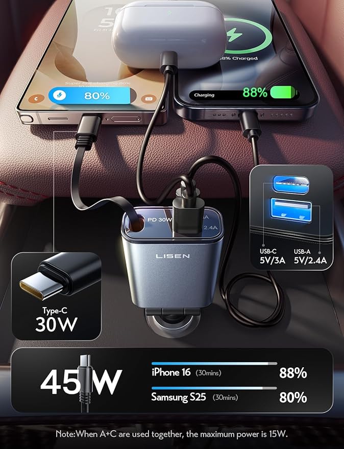 LISEN Car Charger USB C Fast Charging Retractable,【75% Less,Ultra Mini】 57W Fast iPhone 16/15 USBC Type C Car Charger Retractable for iPhone 16e 16 15 Pro Max Plus，Samsung Galaxy S25/24，Android,Black