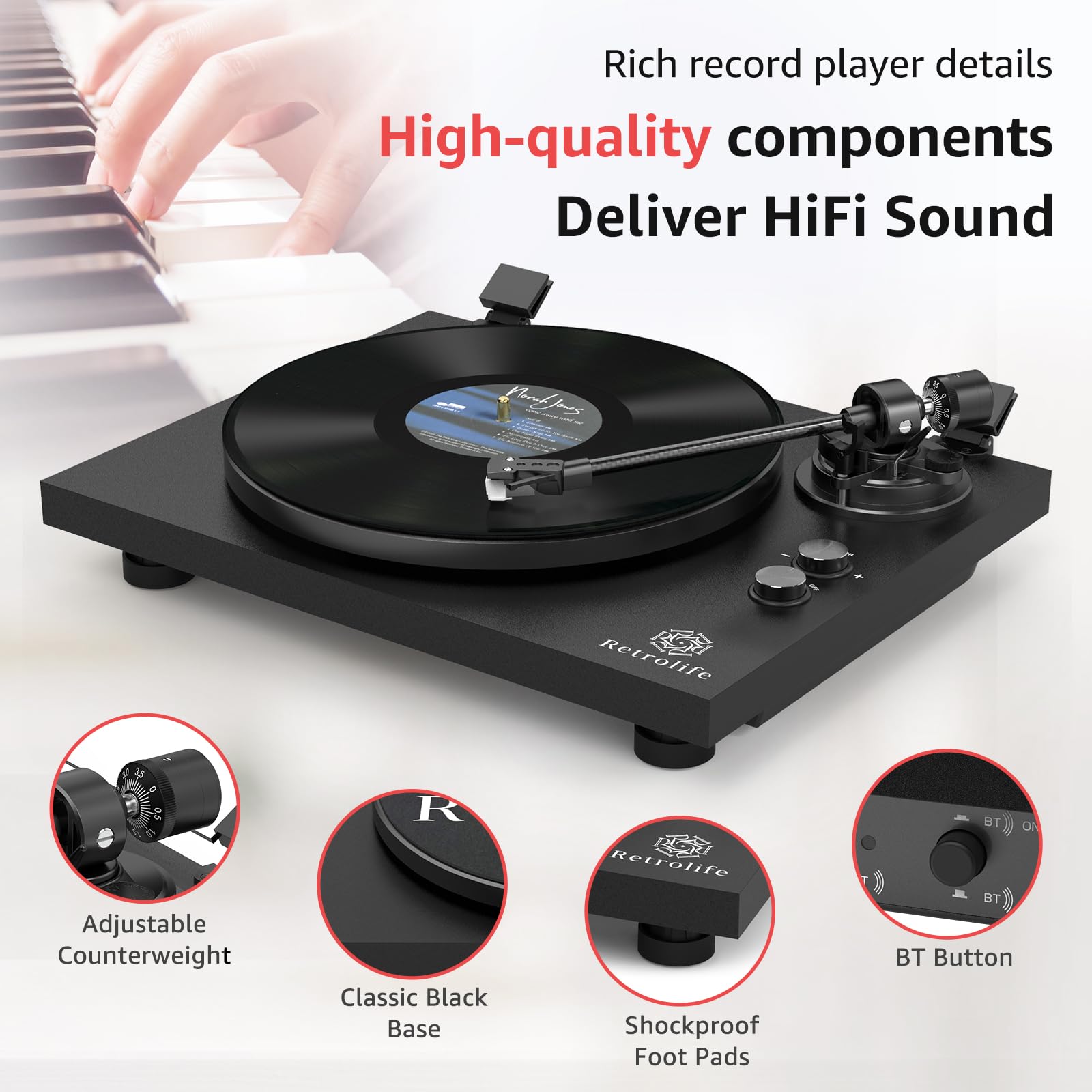 Retrolife Record Player Wireless Output Turntables AT-3600L Cartridge Black