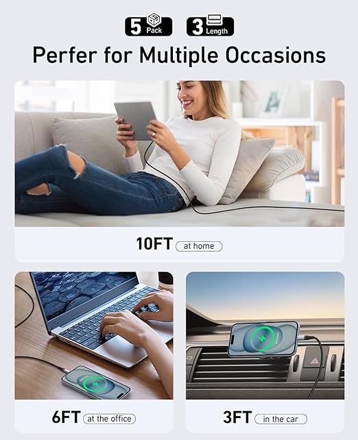 USB Type C Cable Fast Charging, 5 Pack[3/6/6/10/10FT] Braided C Charger Cables Compatible with iPhone 16/15, Samsung Galaxy S10 S9 S8 Plus, Note 10 9 8, LG V50 V40 G8 G7(Grey)