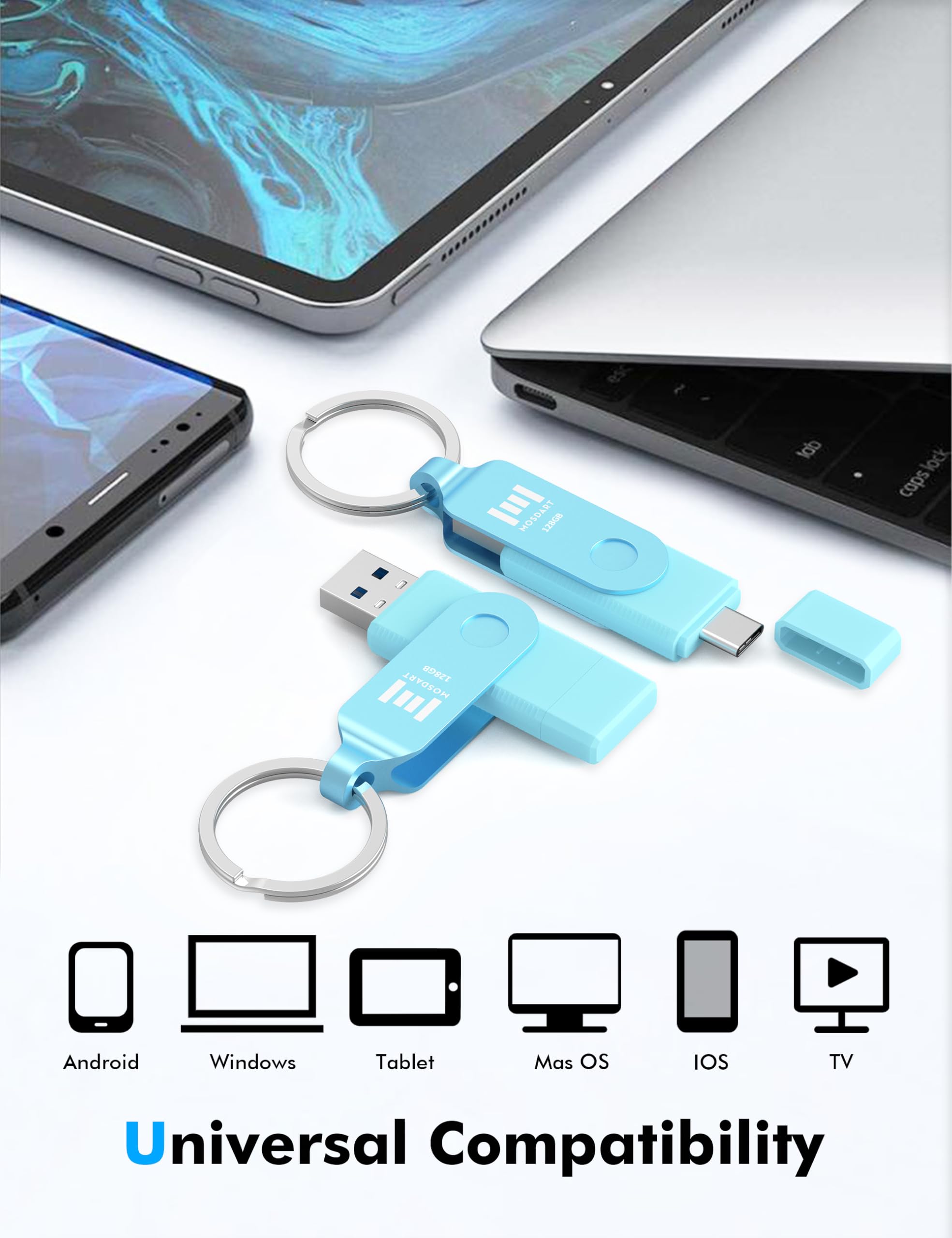 MOSDART 128GB USB C and A 3.2 150MB/s Dual Flash Drive with Keychain, Blue