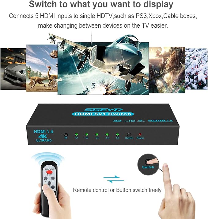 HDMI Switch SGEYR 5x1 HDMI Switcher 5 in 1 Out HDMI Selector 5 Port Box with IR Remote Control HDMI 1.4 HDCP 1.4 Support 4K@30Hz Ultra HD 3D 2160P 1080P