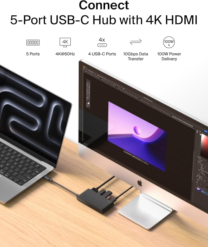 Belkin USB C Hub, 5-Port Hub w/ 4K HDMI Display @ 60Hz, 100W Power Delivery, Fast Data Transfer 10Gbps, USB C Multiport Adapter - Compatible with MacBook, iPad Pro, Chromebook, & More