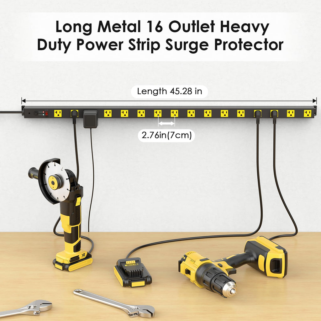 JUNNUJ Long Metal 16 Outlet Power Strip, Heavy Duty Power Strips Surge Protection 4800J with Circuit Breaker, 20a Wide Spaced Socket Wall Mount 5-15P Adapter High Amp 6-20R T-Slot 4FT Extension Cord