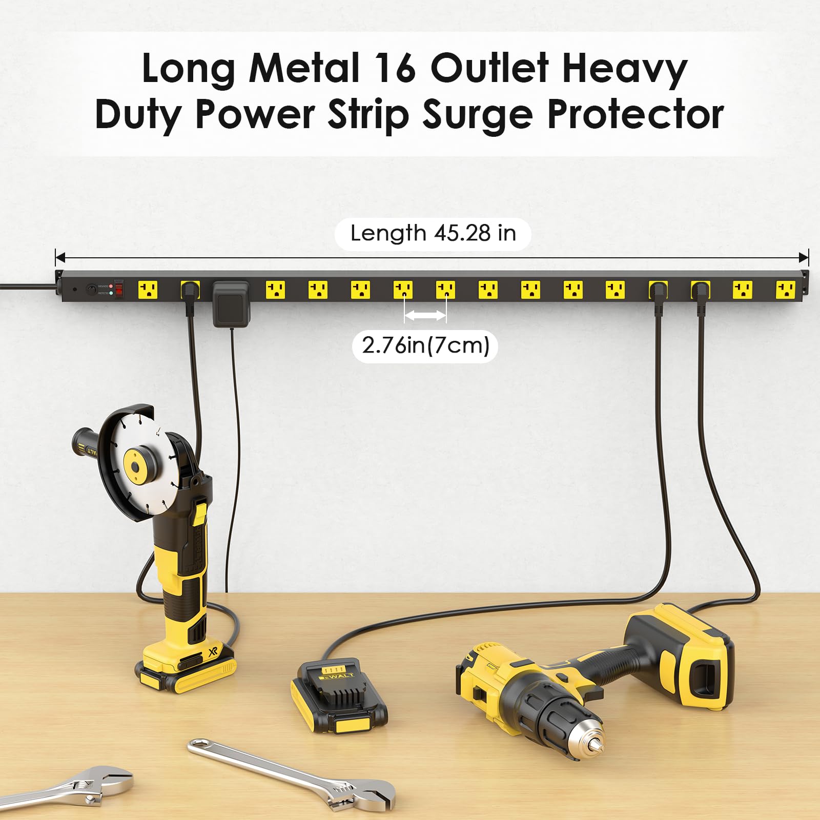 JUNNUJ Long Metal 16 Outlet Power Strip, Heavy Duty Power Strips Surge Protection 4800J with Circuit Breaker, 20a Wide Spaced Socket Wall Mount 5-15P Adapter High Amp 6-20R T-Slot 4FT Extension Cord