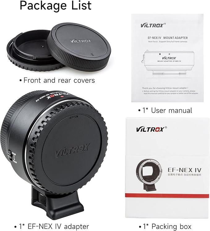 VILTROX EF-NEX IV Lens Adapter - Auto-Focus EF to E Mount Ring Compatible with Canon EF/EF-S Lens for Sony E Mount Camera: NEX A9II, A7III, A9, A7RIII, A7RII, A7R, A7M3