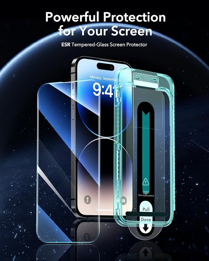 ESR 3 Pack for iPhone 14 Pro Max Screen Protector, [9H Hardness] [Military Grade Shatterproof] Tempered Glass Film with Flawless Fit Tray