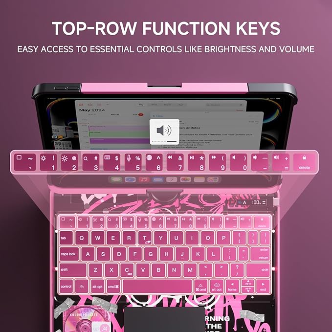 Transparent Case with Keyboard for iPad Air 13 Inch (M3/M2, 2025/2024), iPad Pro 12.9 Inch (6/5/4/3 Gen),7-Color Backlit,Magic Wireless Keyboard, 360°Rotating,with trackpad,Pencil Holder,Pink