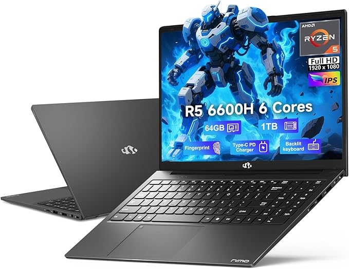 NIMO 15.6" IPS FHD-Gaming-Laptop, AMD Ryzen 5 6600H 6-Cores 660M GPU 64GB DDR5 RAM 1TB SSD(Beat i7-1165G7, Up to 4.5GHz) Computer with 100W GaN Type C Fingerprint Backlit Keyboard Win 11