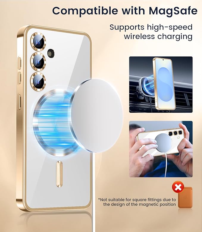 Slim Thin for Samsung Galaxy S25 Case, Compatible with MagSafe, Built-in Camera Lens Protector, Shockproof Protective Phone Case, Soft Electroplated Clear Phone Cover, Gold
