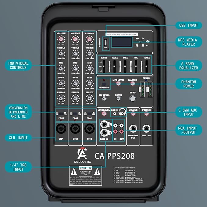 All-in-One 2-Way PA Speaker System DJ Mixer Bundle,300W 8-Channel Mixer Bluetooth, Amplifier Kit with 8" Subwoofer and 1" Horn Tweeter,USB,2 Speaker Stands, Mic