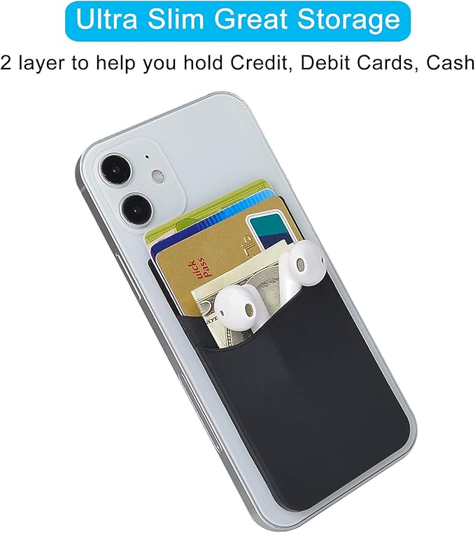 SS Card Holder for Phone Case - Silcone Stick On Credit Card Phone Wallet for Men & Women, Ultra-Thin & Portable, Compatible with iPhone/Android/Samsung Galaxy, Holds Cards & Cash, Hands-Free (6 pack)