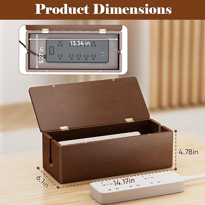 Delamu Wooden Cable Management Box with Magnetic Lid, Duty Cord Organizer for Desk Power Strip Hider Cover with Ventilation for Desk, Floor, Home Office, Baby Pets Safe Storage Solution