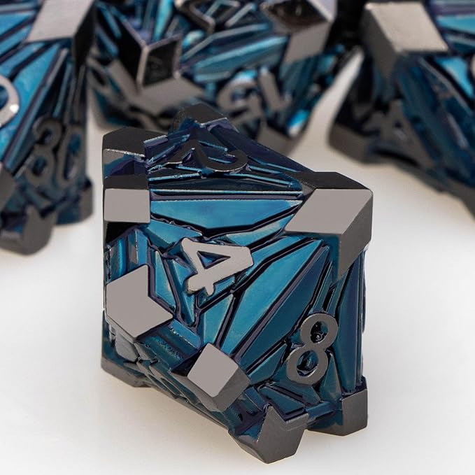 7PCS Metal DND Dice Set with Box, Debris RPG Black Blue D and D Dice for use with D&D Tabletop Games Role Playing Game Polyhedral Dice Set D20 D12 D10 D8 D6 D4