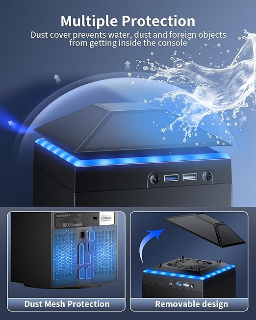 MENEEA Cooling Fan Dust Proof for Xbox Series X Console with Colorful Light Strip,Dust Cover Filter,Rubber Dust Plugs,Low Noise Top Fan with 3 Gears,Cooler&Light Independent Touch Switch, 2 USB Port