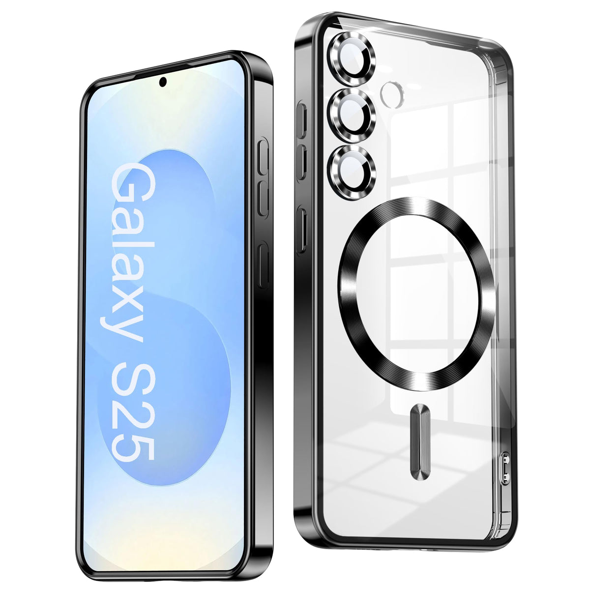 TOBOVON Slim Thin for Samsung Galaxy S25 Case 6.2'', Compatible with MagSafe, Built-in Camera Lens Protector, Shockproof Protective Phone Case, Soft Electroplated Clear Phone Cover, Black