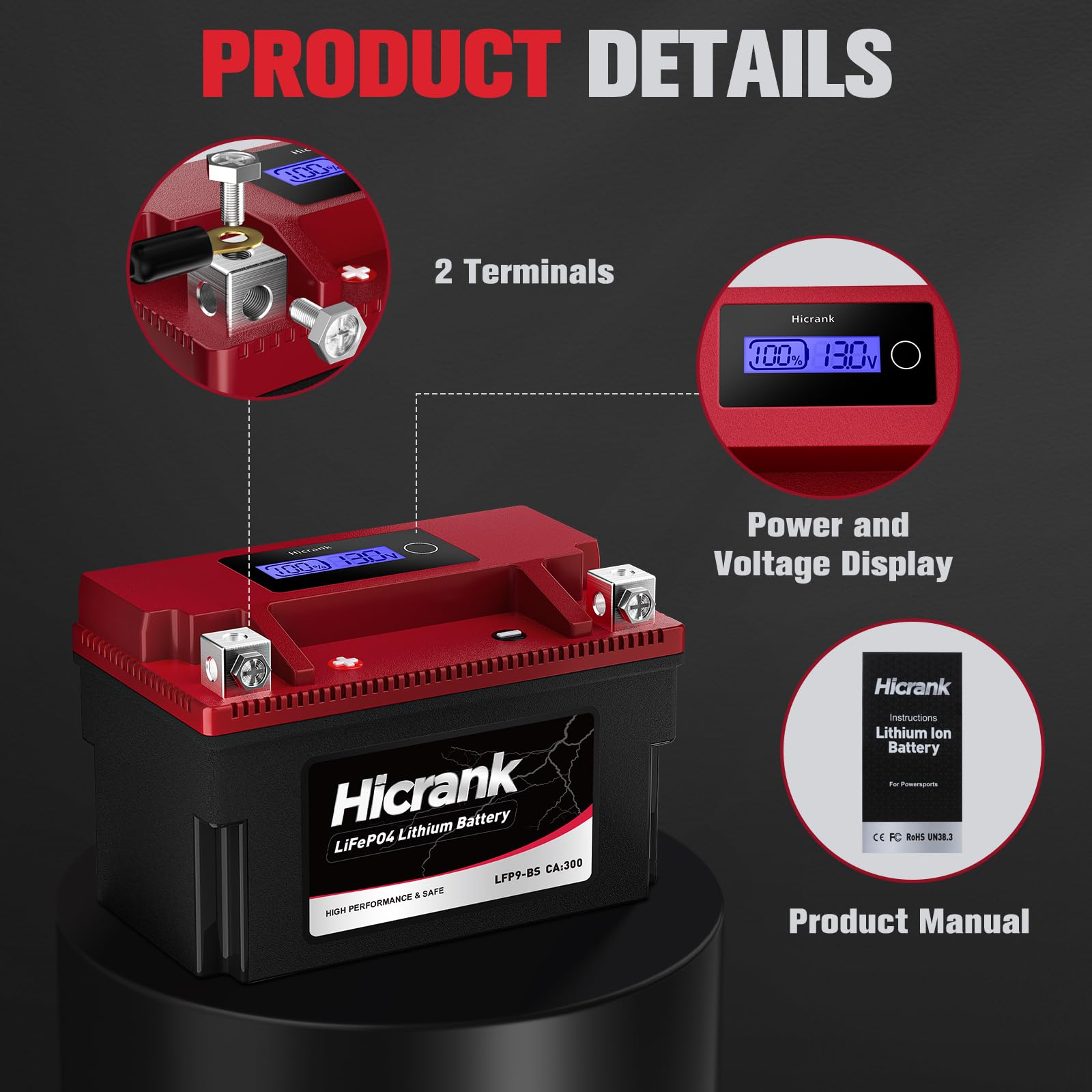 Hicrank LFP9-BS, 300 CCA, 5Ah, Lithium LiFePO4 Motorcycle Battery, 300 CCA, Digital SOC, IP66 for Ninja 400 Z650 Honda CBR600F4i KTM Duke 390 Suzuki GSX-R600 GSXR750 Predator 500 Replaces YTX9-BS