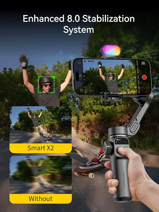 Gimbal Stabilizer for iPhone, Phone Gimbal w/RGB Magnetic Fill Light, Foldable Gimbal Built in 7.8' Extension Rod and OLED Display for iPhone/Android Excellent for Vlogging-Smart X2 Kit Black
