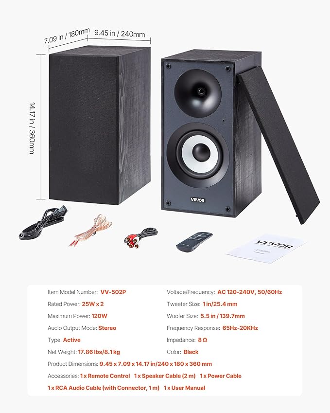 VEVOR Powered Bookshelf Speakers, 25W x 2, Active Studio Monitor Speaker with 5.5 Inch Woofer, Bluetooth/RCA/Coaxial/Optical/USB/Subwoofer Connection, Wooden Enclosure, for Record Player Turntable PC