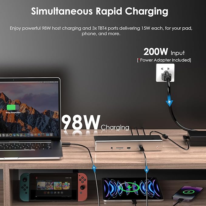 WAVLINK Thunderbolt 4 Dock with 100W Charging, Displaylink Docking Station Quad 4K@60Hz Monitors,3 Thunderbolt 4 Ports, 2.5G Ethernet, USB C Docking Station for Mac and PC,Displaylink Driver Required