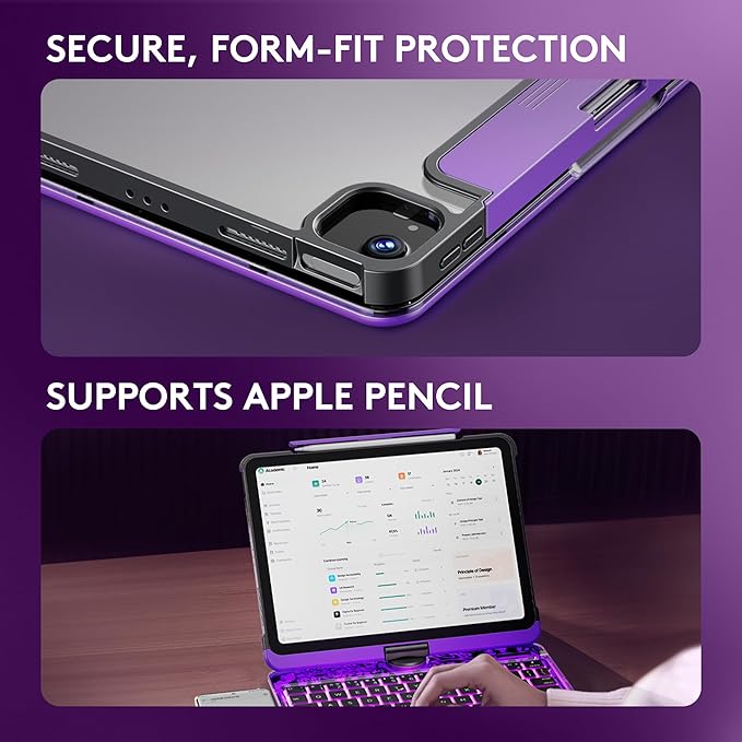GUSGU Transparent Case with Wireless Keyboard for iPad 11th Gen 11-in.(A16, 2025), 2022 iPad 10th Gen 10.9-in, 7 Colors Backlight, Trackpad, 360°Rotating Stand, Tech Style