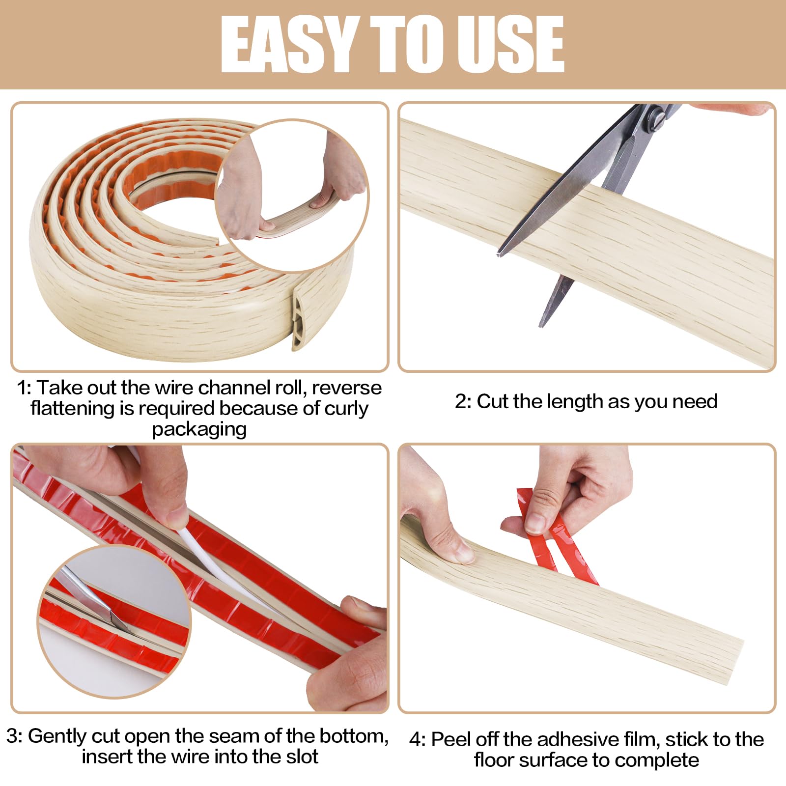 Floor Cord Cover Cavity 0.8"x0.37" Self Adhesive Cord Hider, 10FT Low Profile Cable Management, Extension Strip Protector for Wires, Prevent Cable Trips for Offices, Gyms, Exhibitions (Yellow Wood