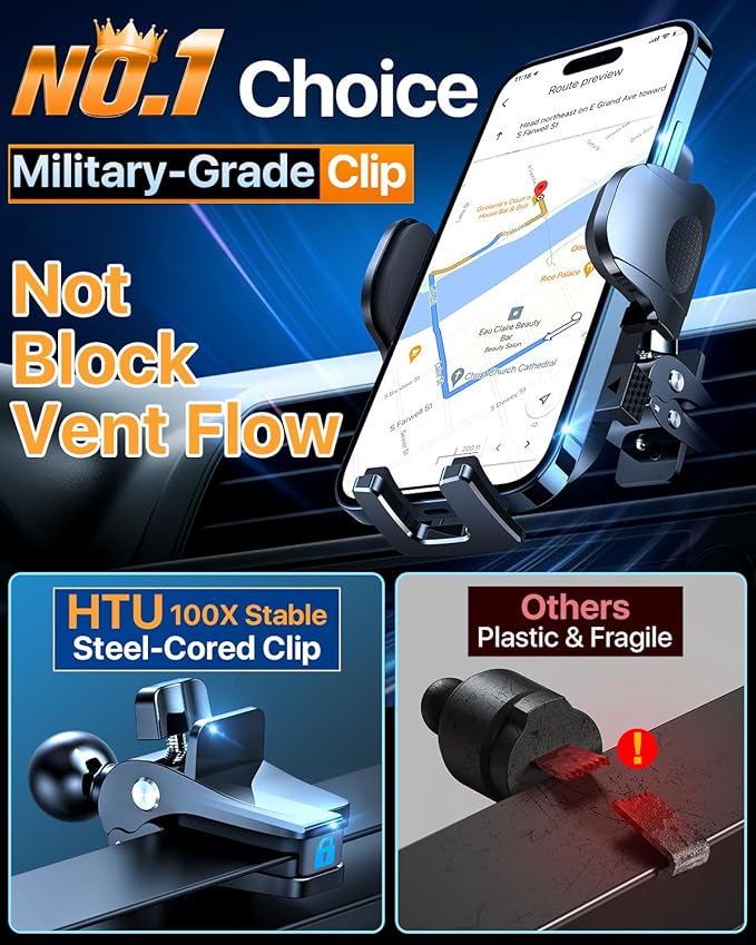 HTU 2025 Best Car Phone Holder 【Ultimate 5-in-1 & Upgraded 100+LBS Strongest Suction】【True Military-Grade & Safety Cert】 360° Windshield Dashboard Vent Mount Stand for iPhone Android & Truck, Grey