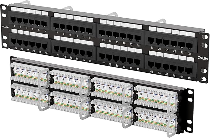 Iwillink 10Gbps Cat6A Patch Panel 48 Port, Network Patch Panel UTP 19-Inch, Wallmount or Rackmount 2U RJ45 Patch Panel Punch Down Block for Cat6A, Cat6, Cat5e Cat5 Cabling
