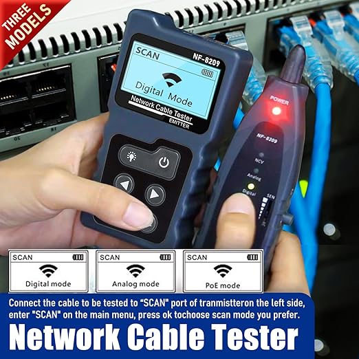 NF-8209 Network Cable Tester for POE Test/CAT5e/CAT6/CAT6a LAN Ethernet Wire Tracer,Detect Voltage Measure Fault Distance by TDR,Telephone Line Continuity Testing and Length Measurement