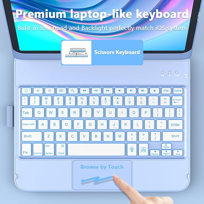 for iPad A16 11th Generation/10th Generation Case with Keyboard,Touch Keyboard for iPad 11" /10th Gen 10.9 inch 2022-10 Color Backlight, 360° Rotatable Protective Cover (Ocean Blue)