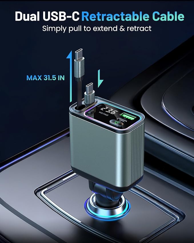 [2 Pack] 4 in 1 Retractable Car Charger with RGB Light, 92W Fast Charging Dual USB C Car Adapter, Compact Car Phone Charger for iPhone/Galaxy/Pixel, Road Trip Essentials (Dual Type C Cable)