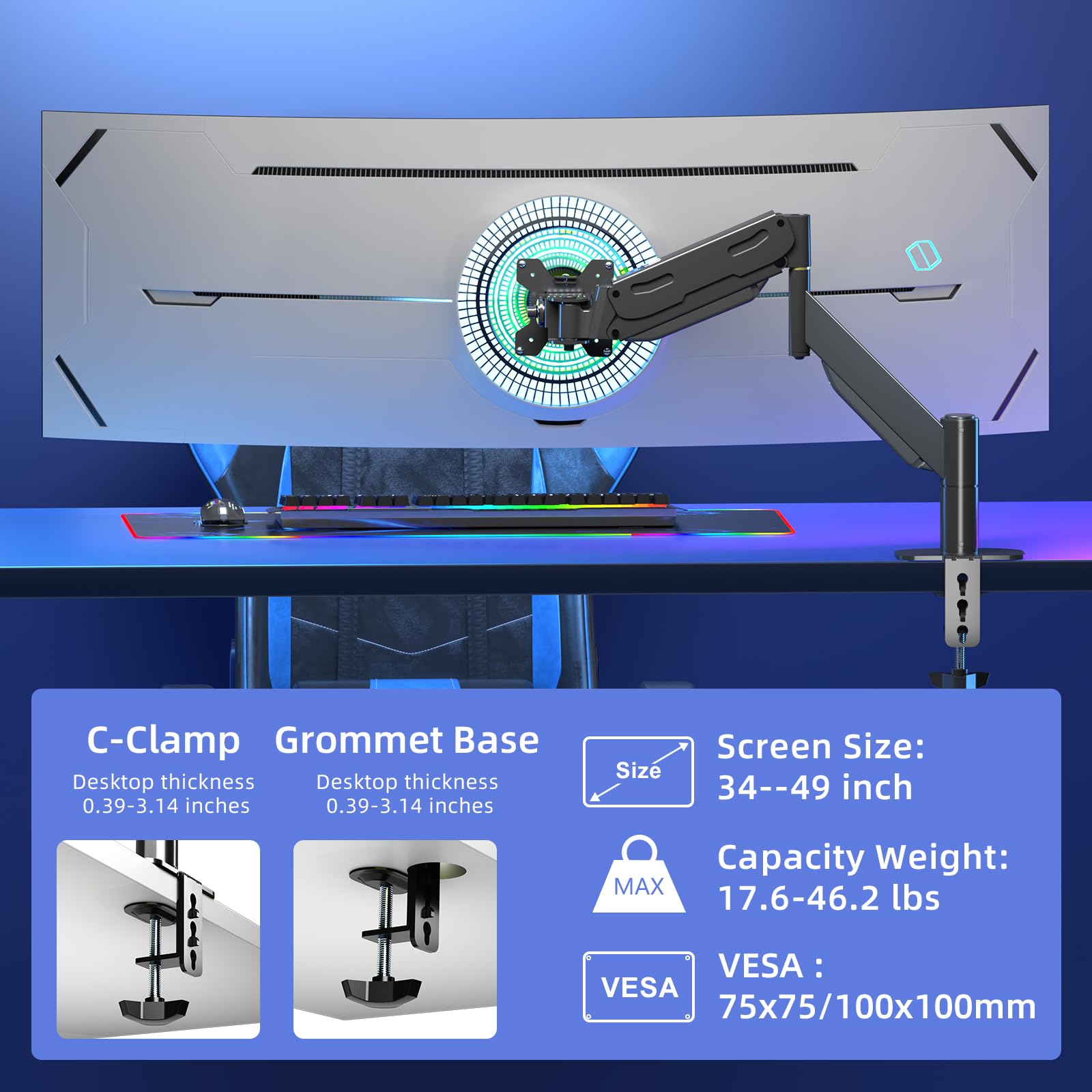 Pholiten Premium Aluminum Heavy Duty Monitor Arm, Ultrawide Monitor Mount with Clamp/Grommet Mounting Base, Adjuastable Gas Spring Arm for up to 49 inchs and 46.2lbs, Black
