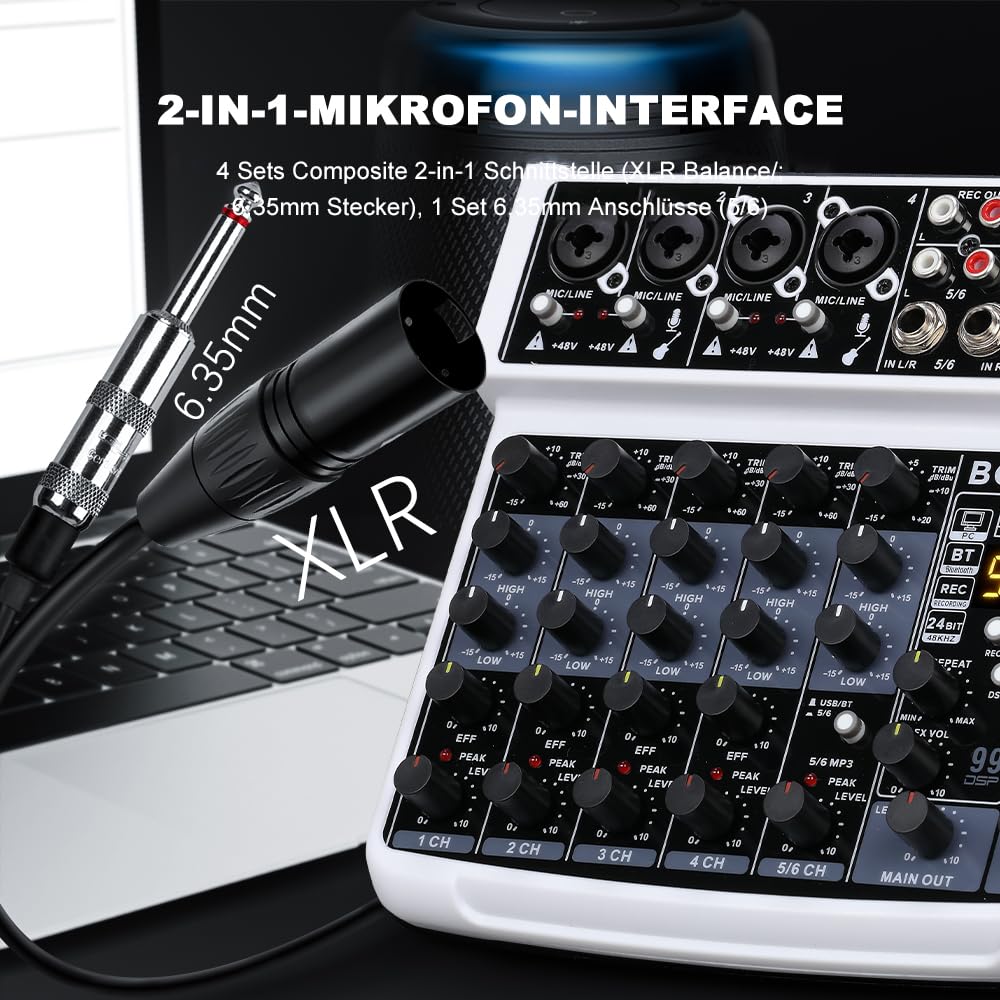 BOMGE 6 Channel mini DJ Audio sound mixer console with USB interface, Bluetooth, Stereo Recording, 48V Phantom Power, 99 DSP effects for karaoke, singing, live，streaming，pc recroding. (white)