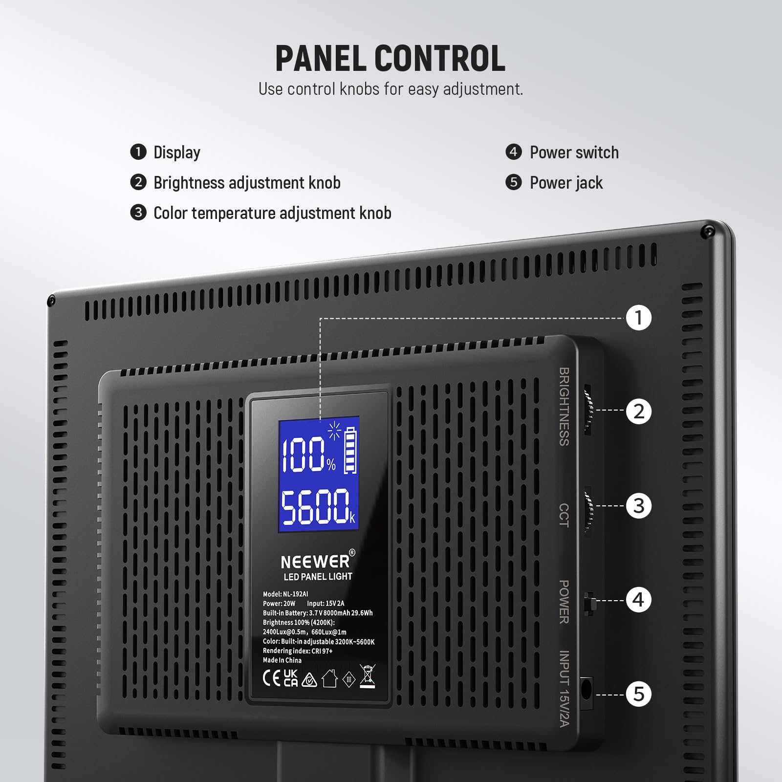 NEEWER 192 LED Video Light Panel, 20W Ultra Thin Bi Color Dimmable DSLR Camera Soft Light, 4000mAh Lithium Battery, 3200K-5600K CRI97+, Key Lighting for Studio Photography Recording Streaming