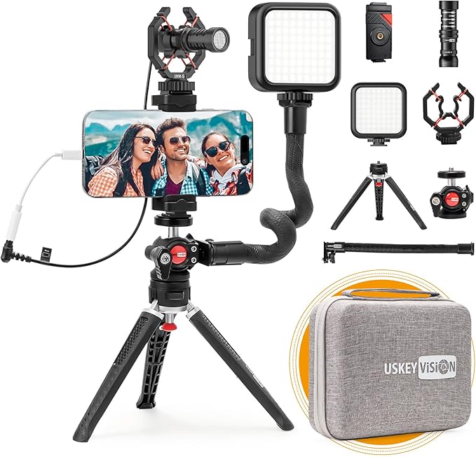 Smartphone Video Vlogging Kit Metal Microphone Light Tiktok YouTube Podcast Equipment for iPhone 15/14/13 Mini/Pro/Max, Android Smartphone (V-Master)