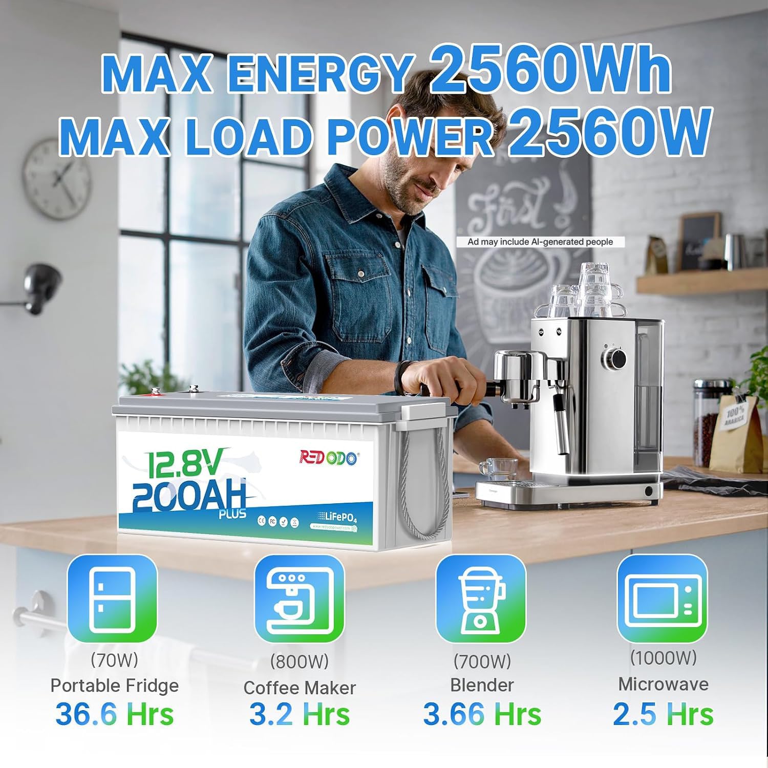 Redodo 12V 200Ah Plus Lithium LiFePO4 Battery (Pack 2), Max 2560W Power Output, 200A BMS Protection, 4000-15000 Deep Cycles,Perfect for Home Solar Storage, RV, Marine, etc