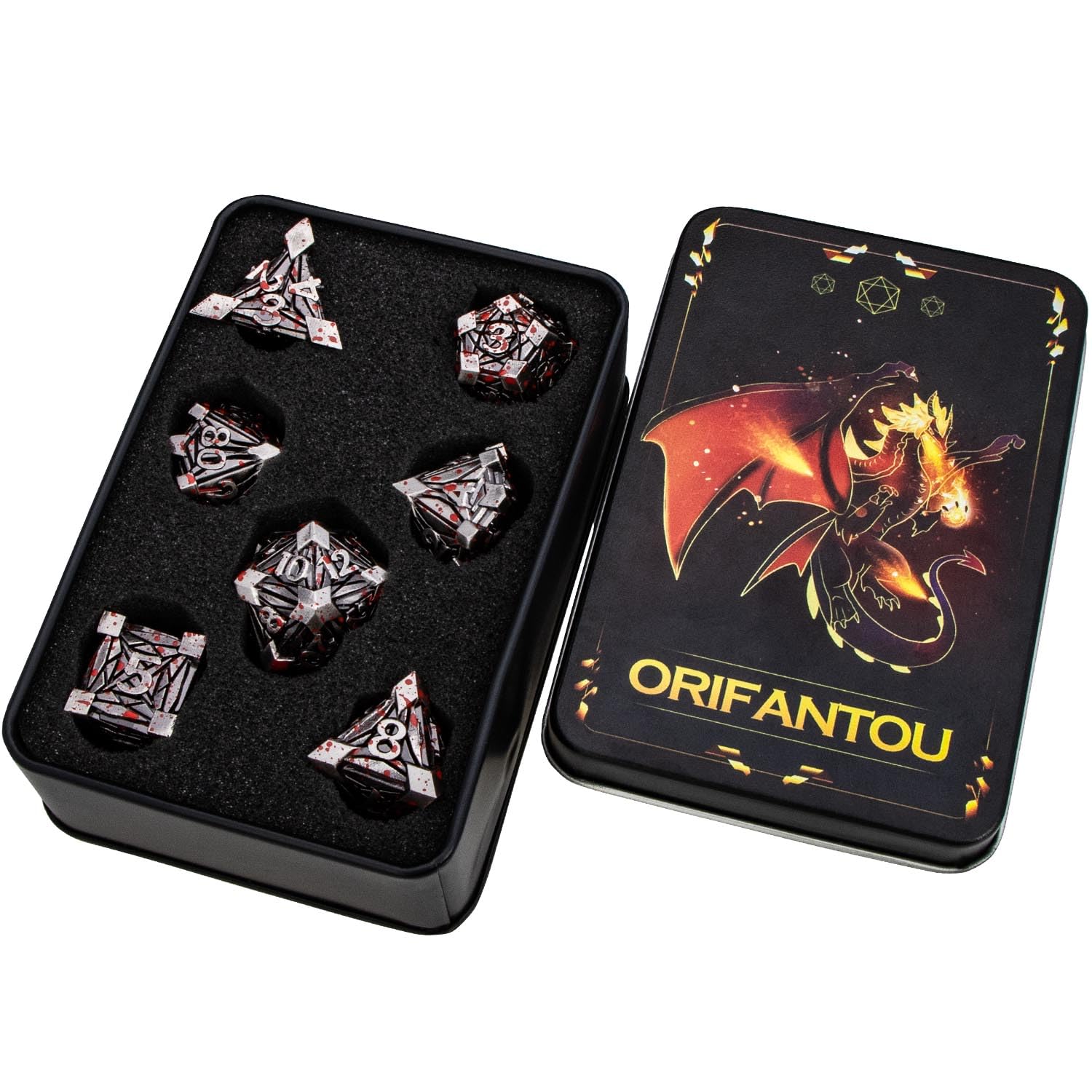 ORIFANTOU 7PCS Metal DND Dice Set with Box, Debris RPG Blood Spatter D and D Dice for use with D&D Tabletop Games Role Playing Game Polyhedral Dice Set D20 D12 D10 D8 D6 D4
