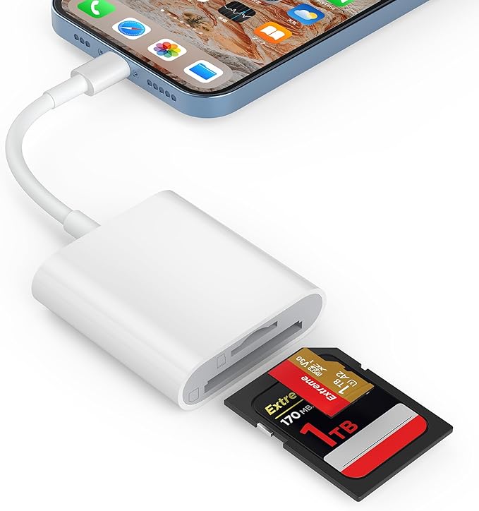 SD Card Reader for iPhone, Memory Card Reader with Dual Slot for SD/TF Card Plug and Play Trail Game Camera SD Card Viewer Lightning to MicroSD Card Camera Adapter for iPad No App Required