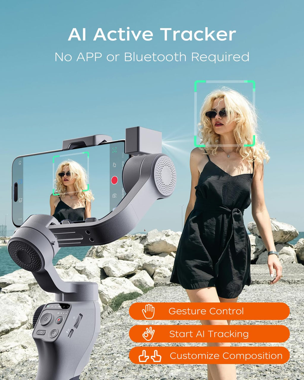 FUNSNAP Capture5 Gimbal Stabilizer for Smartphone, Magnetic AI Tracker Fill Light Remote Control 500g Payload, 3-Axis Phone Gimbal for Android & iPhone 16 15 Pro Max for Video Recording（Gray）