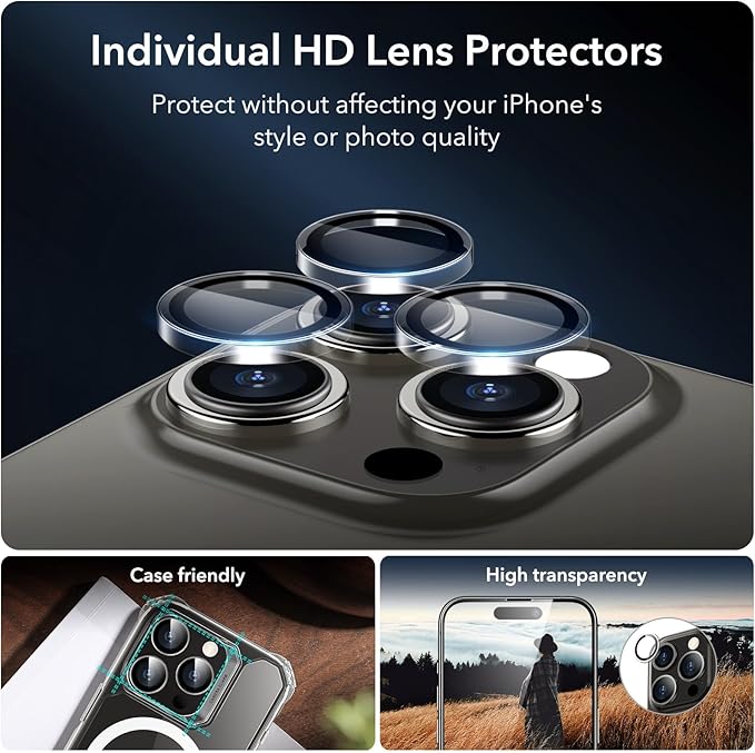 ESR for iPhone 14 Pro Screen Protector Set, 3 Tempered-Glass Screen Protectors and 1 Set of Camera Lens Protectors, Smooth Rounded Edges, Full-Coverage Military-Grade Protection, Scratch Resistant