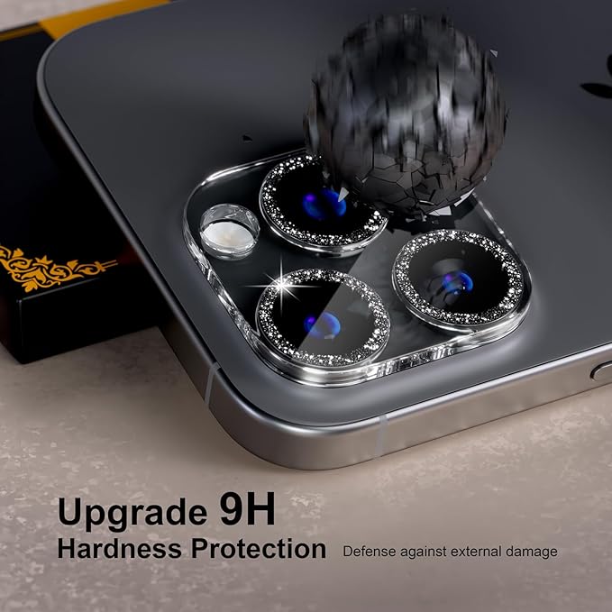 beuxece for 6 Pack iPhone 16 Pro/iPhone 16 Pro Max Camera Lens Protector [Drop Protection] [Case Friendly] [Easy Installation] 9H Tempered Glass Camera Screen Protector Cover, Glitter Black