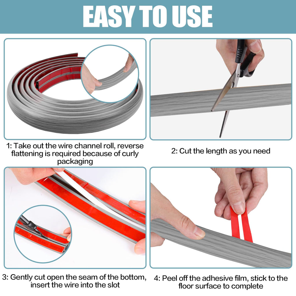 Floor Cord Cover Self Adhesive Cord Hider,3.3FT Cable Management, Extension Strip Protector for Wires, Prevent Cable Trips for Offices, Gyms, Exhibitions Cavity:0.39"(W) x 0.27"(H) Gray Wood